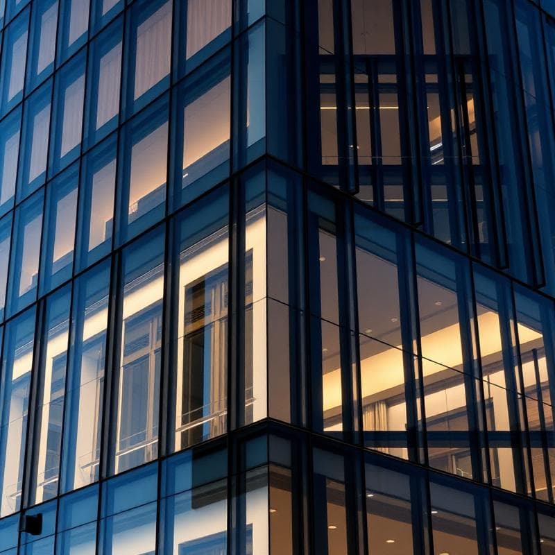 Modern office building with illuminated windows at dusk